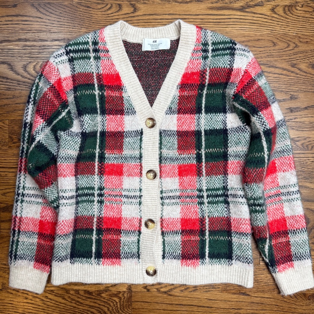H&M Girls Holiday Plaid Knit Cardigan Sweater with Button Front Size 6X-7